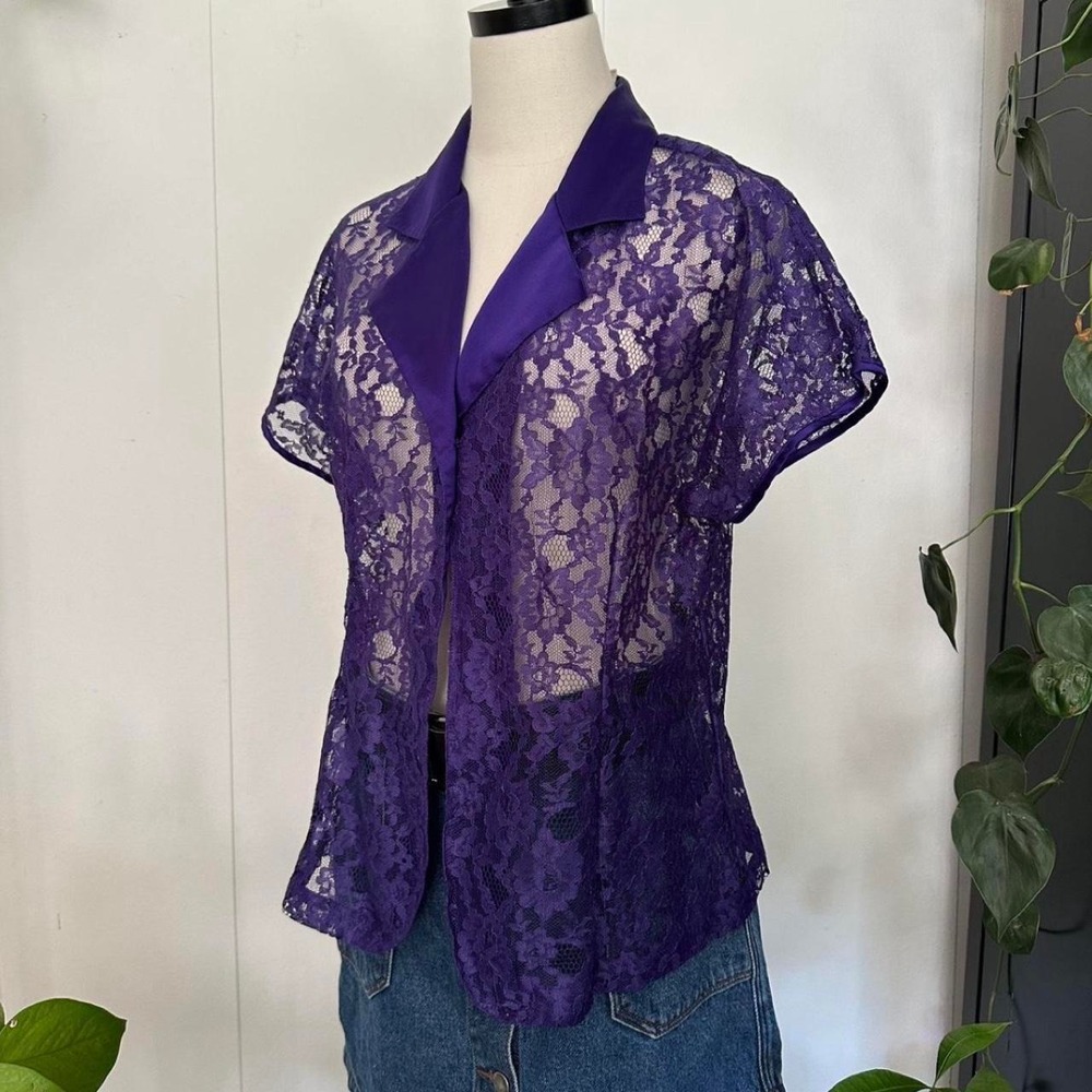 Vintage Victorias Secret Gold Label Purple Floral Lace Satin Collar Top Large